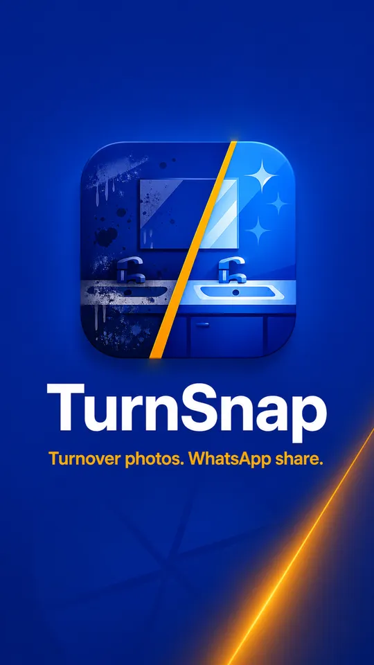 TurnSnap launch screen: a bathroom split diagonally from grimy to spotless on a deep blue field, under the line Turnover photos, WhatsApp share
