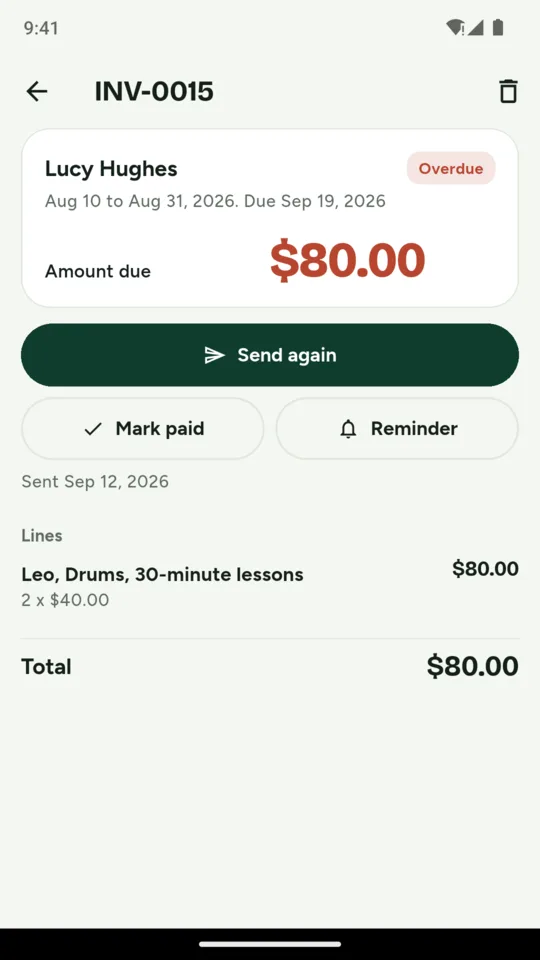 An overdue invoice: $80 due, with Send again, Mark paid and Reminder.