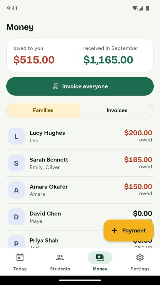 Money: $515 owed, $1,165 received in September, and the Invoice everyone button.