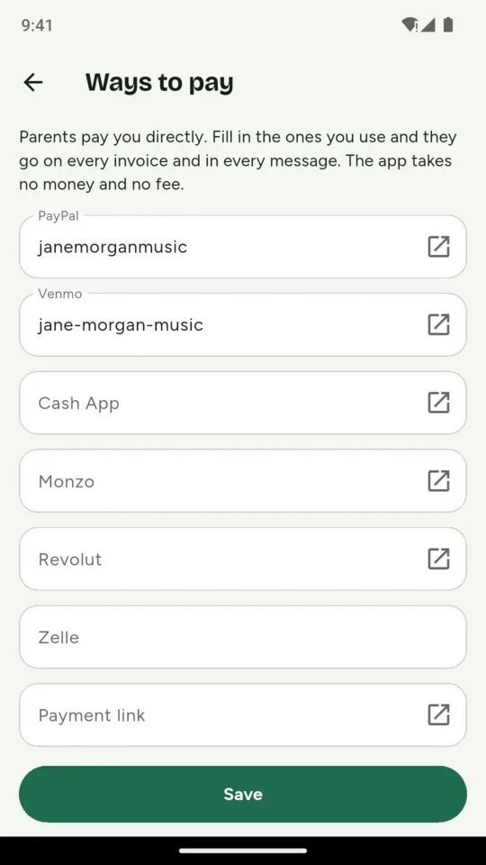 Ways to pay: PayPal and Venmo names filled in, with Cash App, Monzo, Revolut, Zelle and a payment link.
