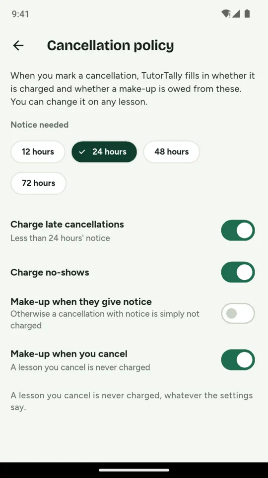 Cancellation policy: 24 hours’ notice, with late cancellations and no-shows charged.