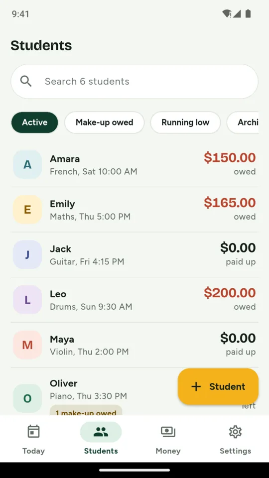 Students: what each one owes, with filters for make-up owed and running low.