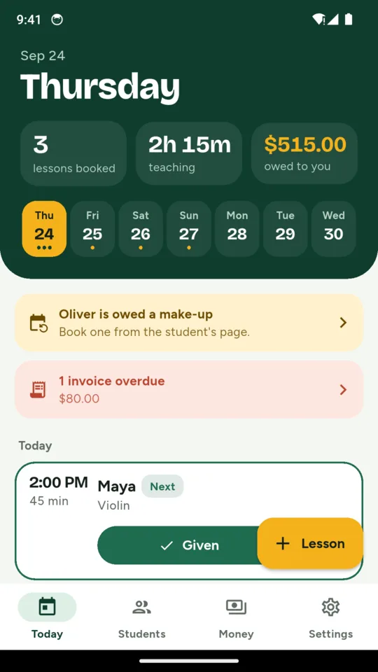 Today: 3 lessons booked, 2h 15m of teaching, $515 owed, and the week along the top
