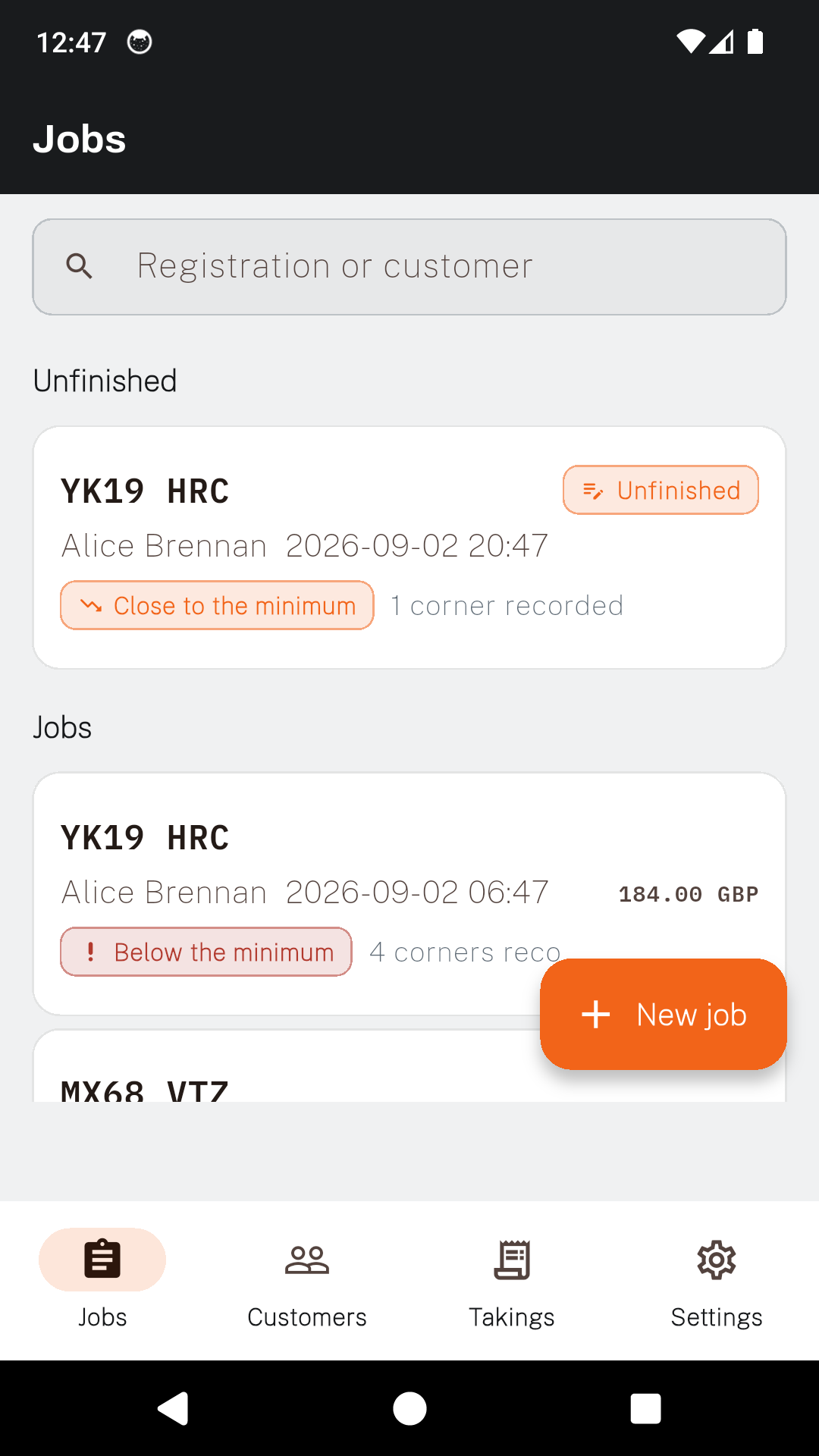 The TyreProof jobs list showing an unfinished job and a completed one with its total and tread standing.