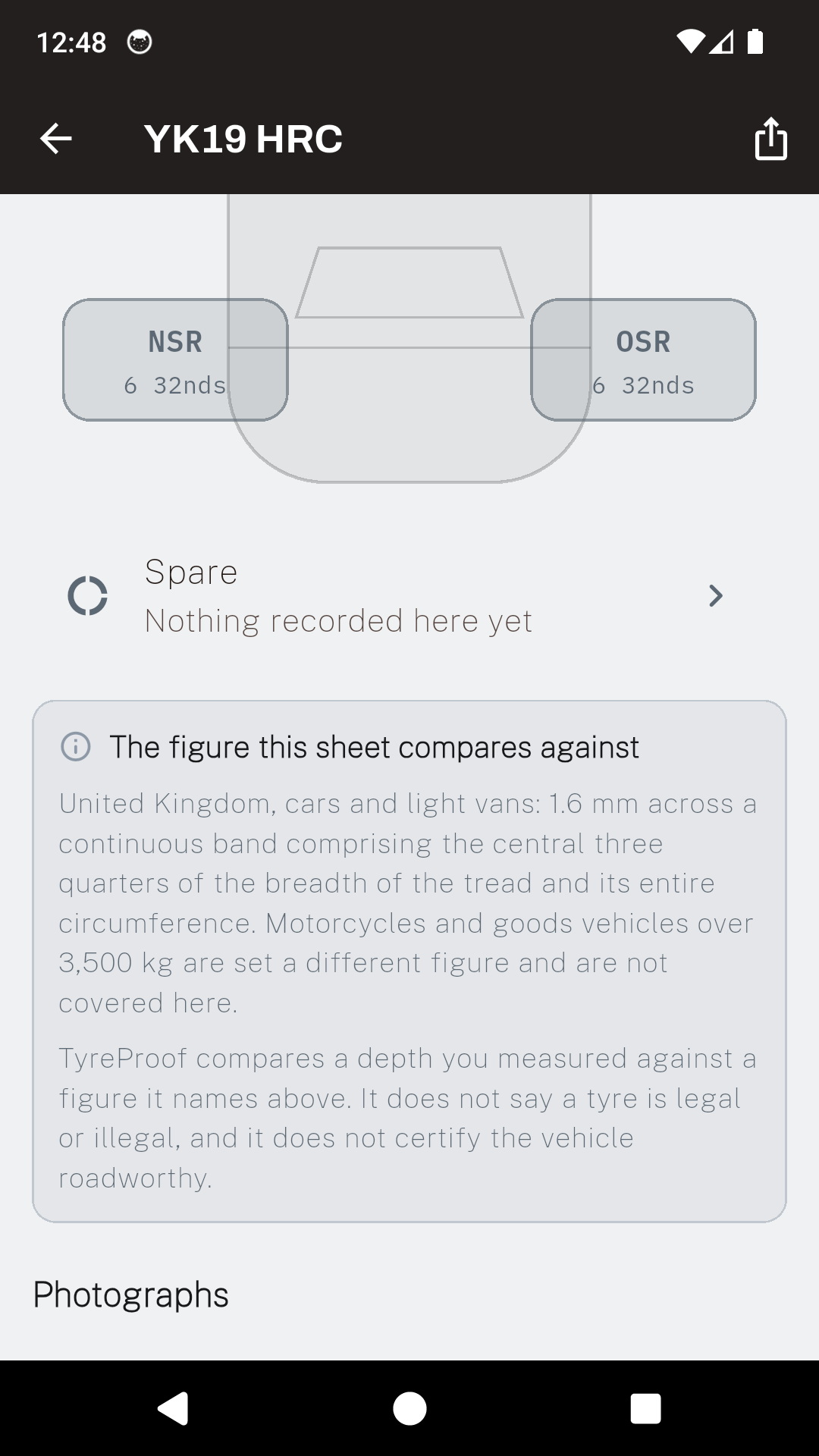 A TyreProof job showing the figure the sheet compares against, with the full United Kingdom wording and the vehicles it does not cover.
