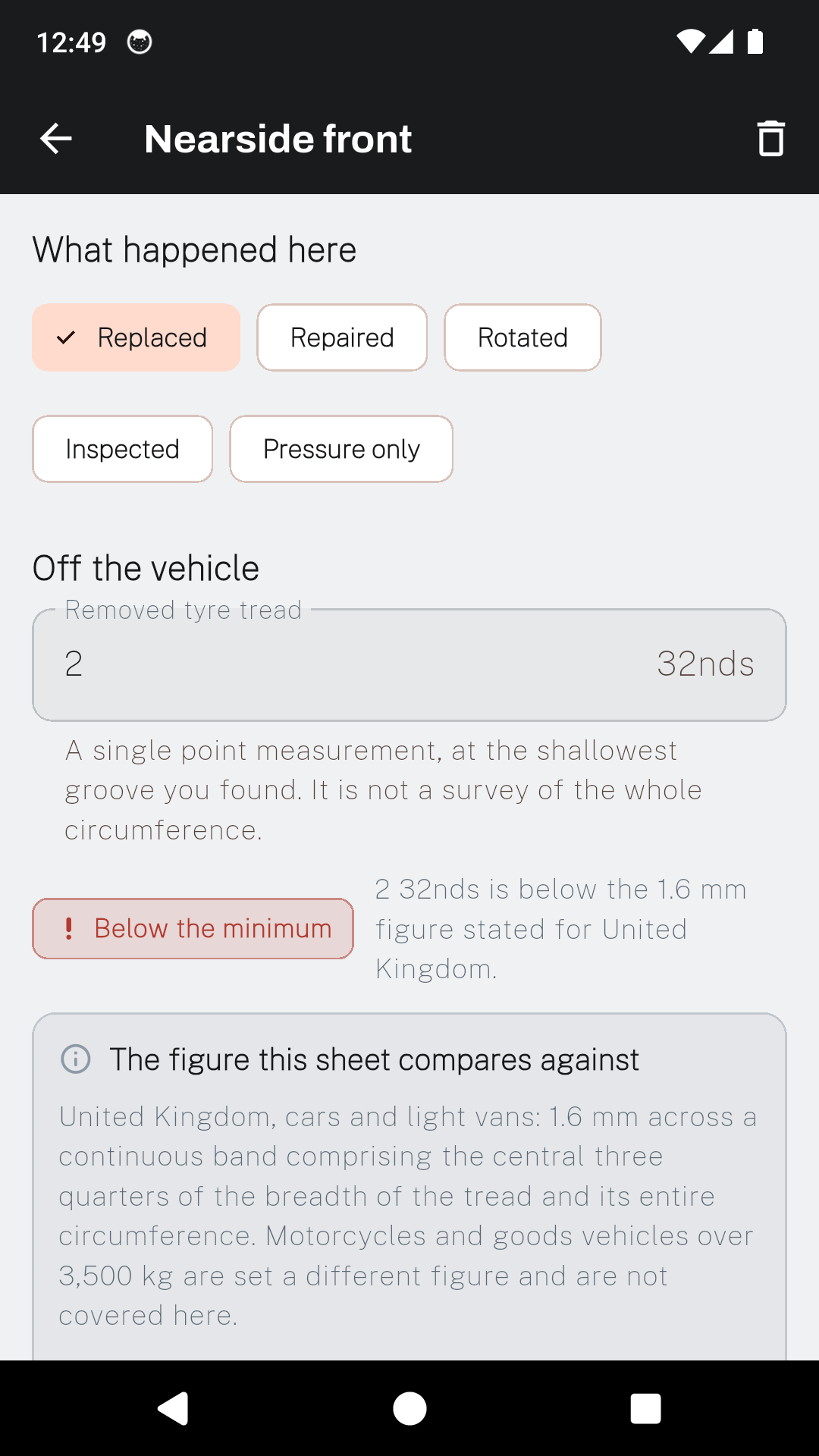 A TyreProof wheel entry for the nearside front, showing the removed tread as two thirty seconds and a note that it is below the 1.6 mm figure stated for the United Kingdom.