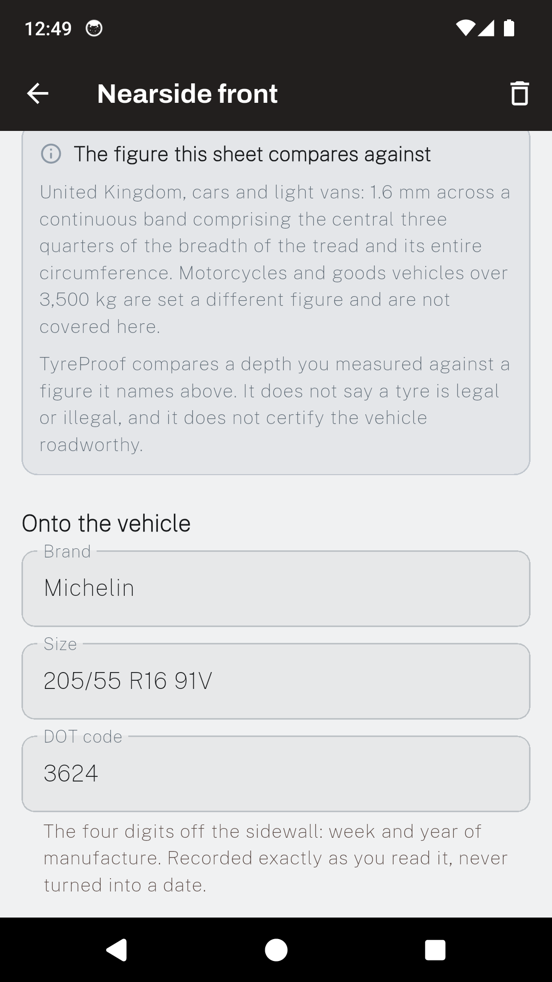 The onto the vehicle section of a TyreProof wheel entry, with brand, size and DOT code fields.