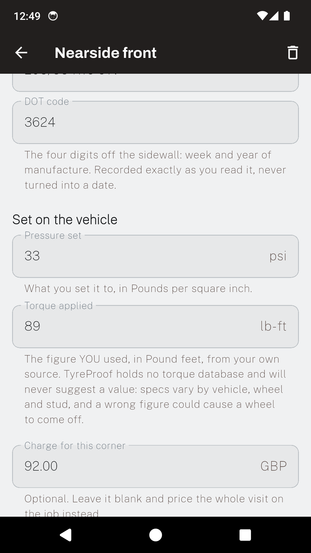 The set on the vehicle section of a TyreProof wheel entry, with pressure, torque and a per corner charge.