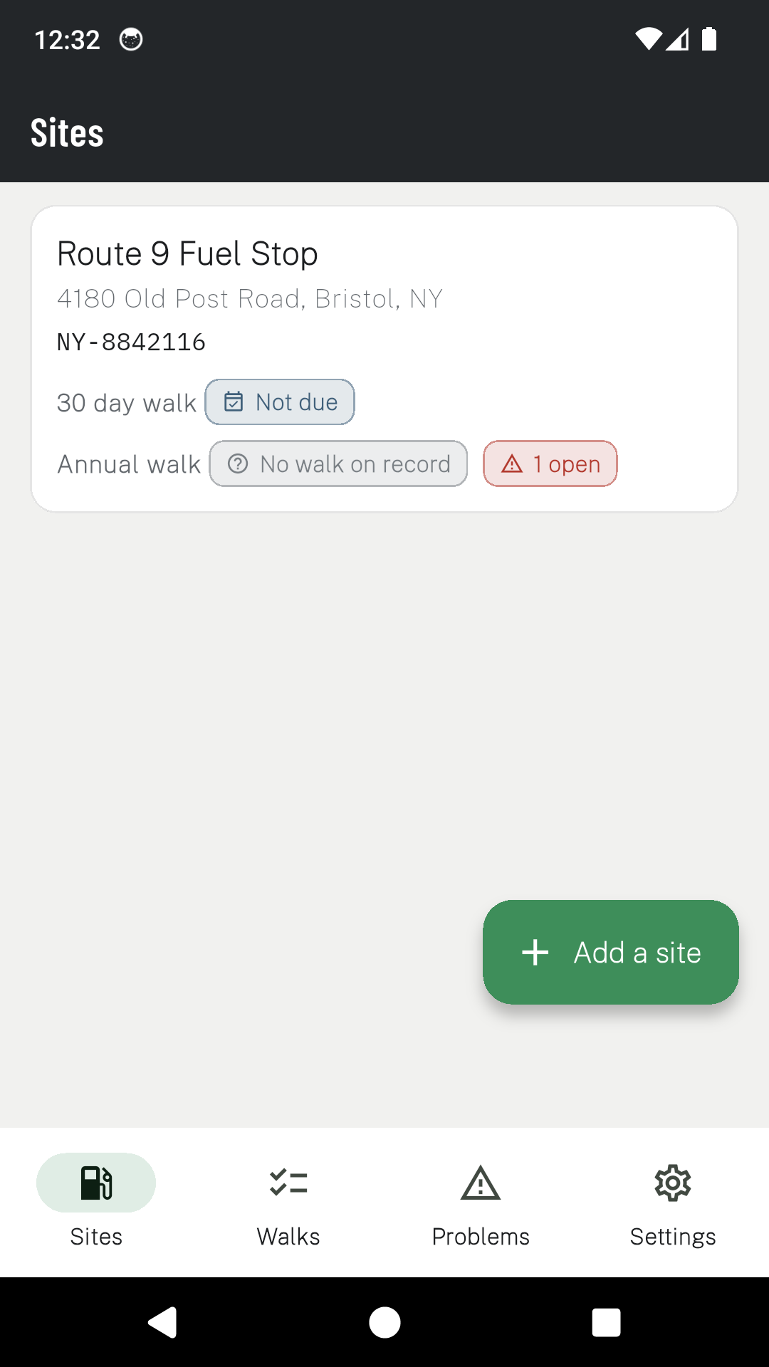 The USTCheck sites list showing a site with its 30 day walk not due and its annual walk with no walk on record.