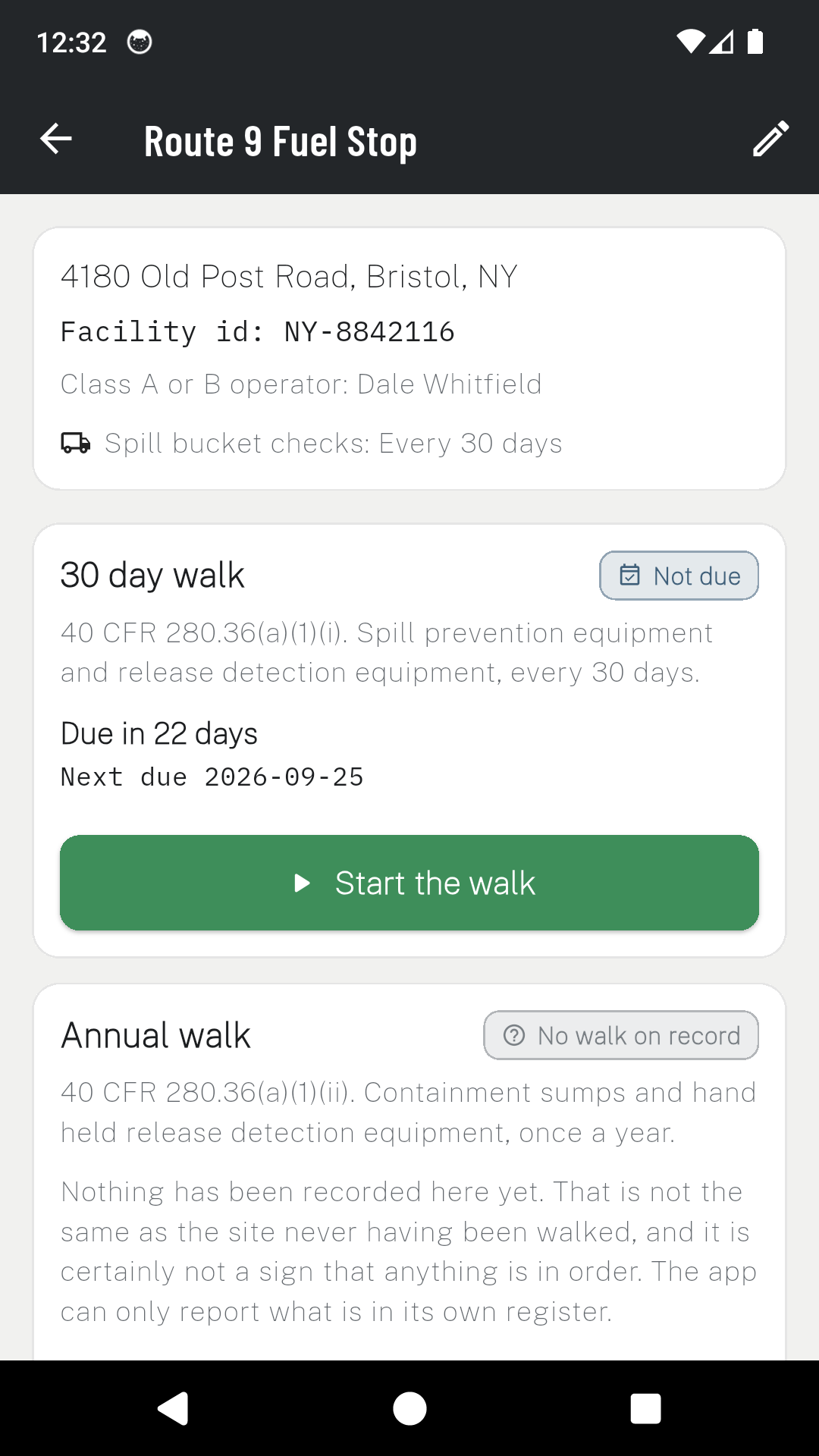 A USTCheck site showing the 30 day walk due in twenty two days beside an annual walk with no walk on record.