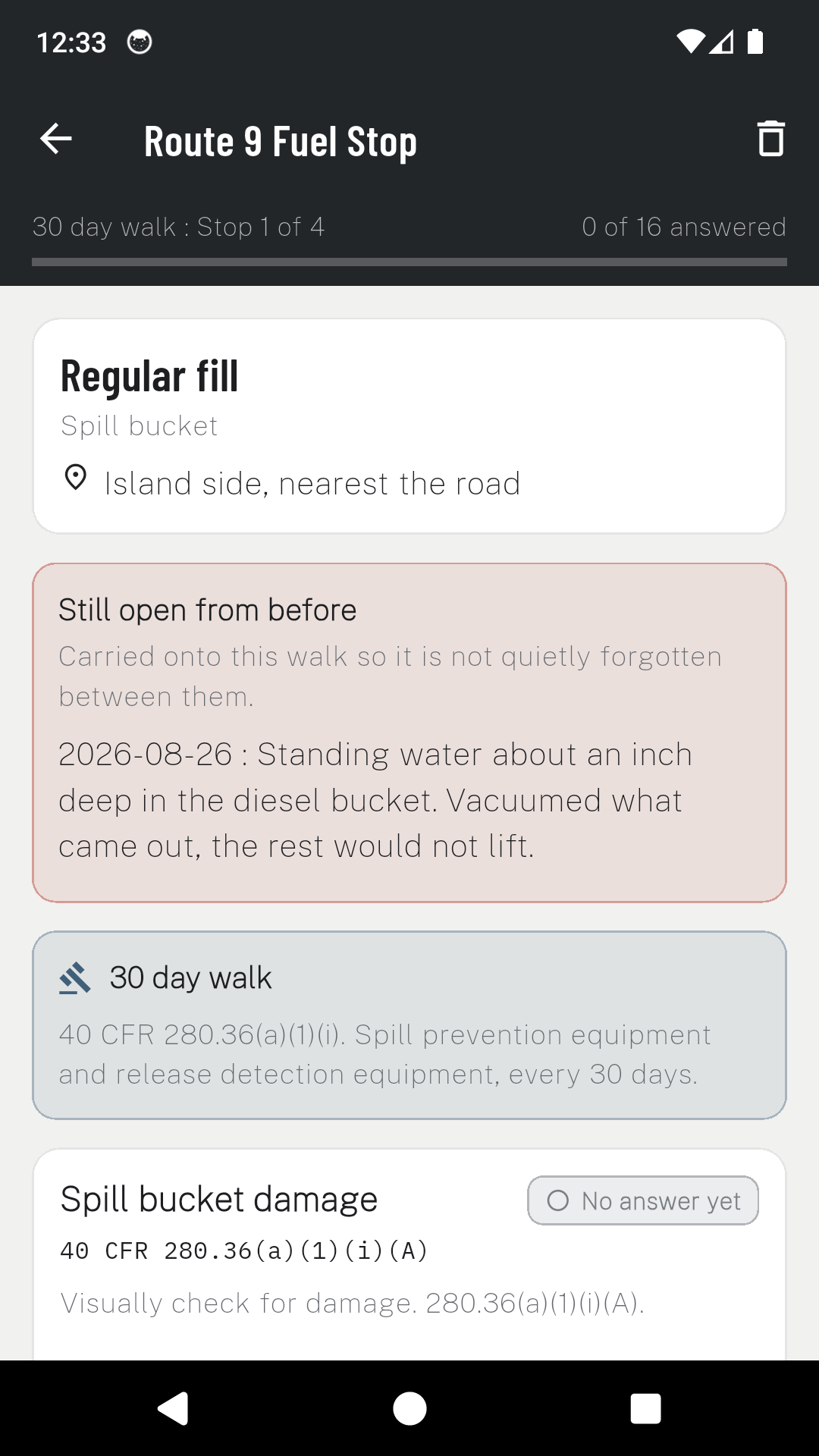 A USTCheck walk in progress at stop one of four, with an open problem from a previous walk shown above the first check.