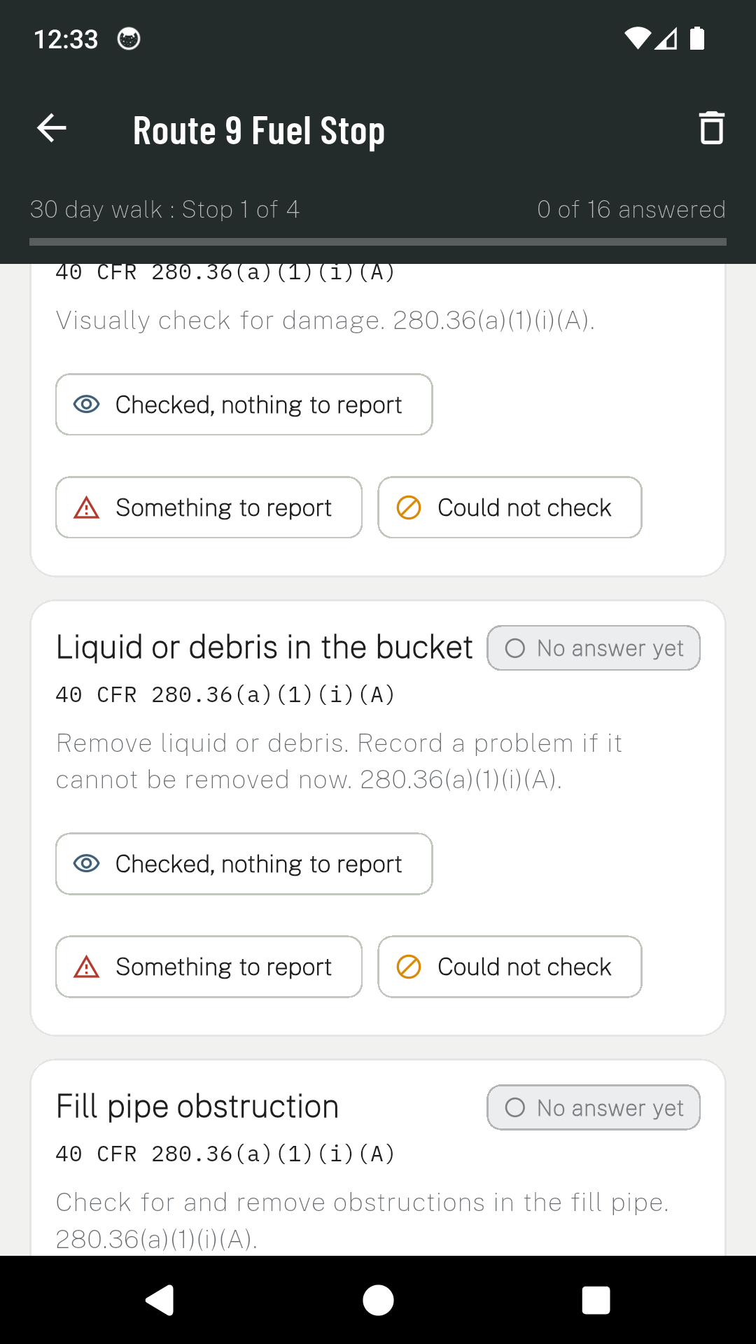 USTCheck checklist items for spill prevention equipment, each with its clause number and three outcome buttons.