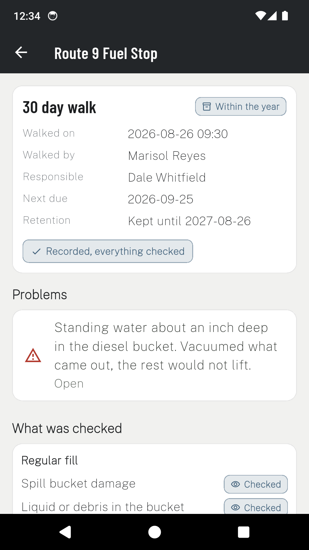 A completed USTCheck walk summary listing who walked, who is responsible, the next due date and the retention date.