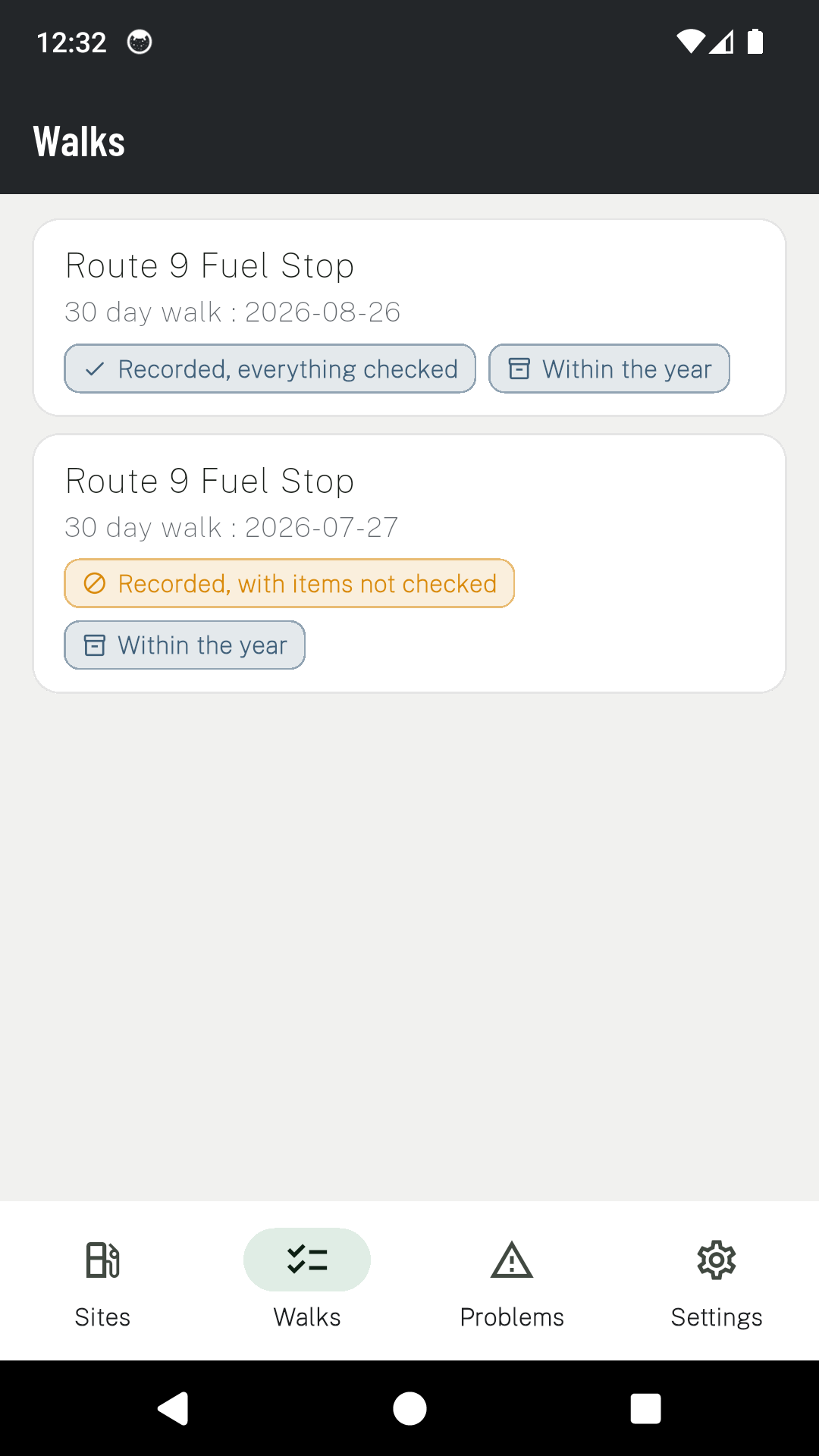 The USTCheck walks list, each walk badged with its outcome and whether it is still within the year.