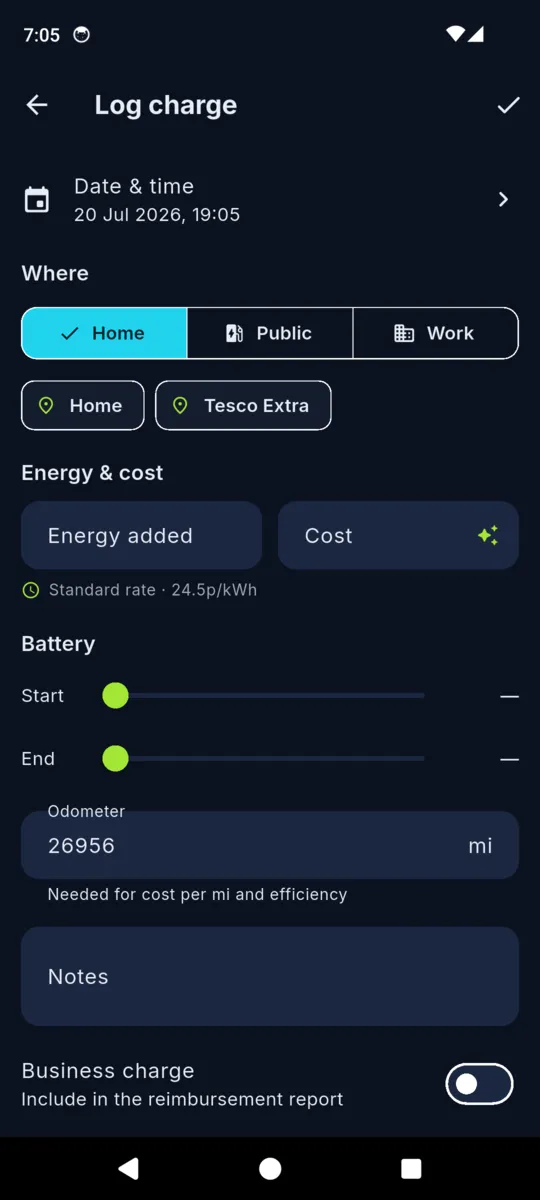 The VoltLog log charge form with home, public and work options, saved places, energy and cost fields, battery sliders and an odometer field