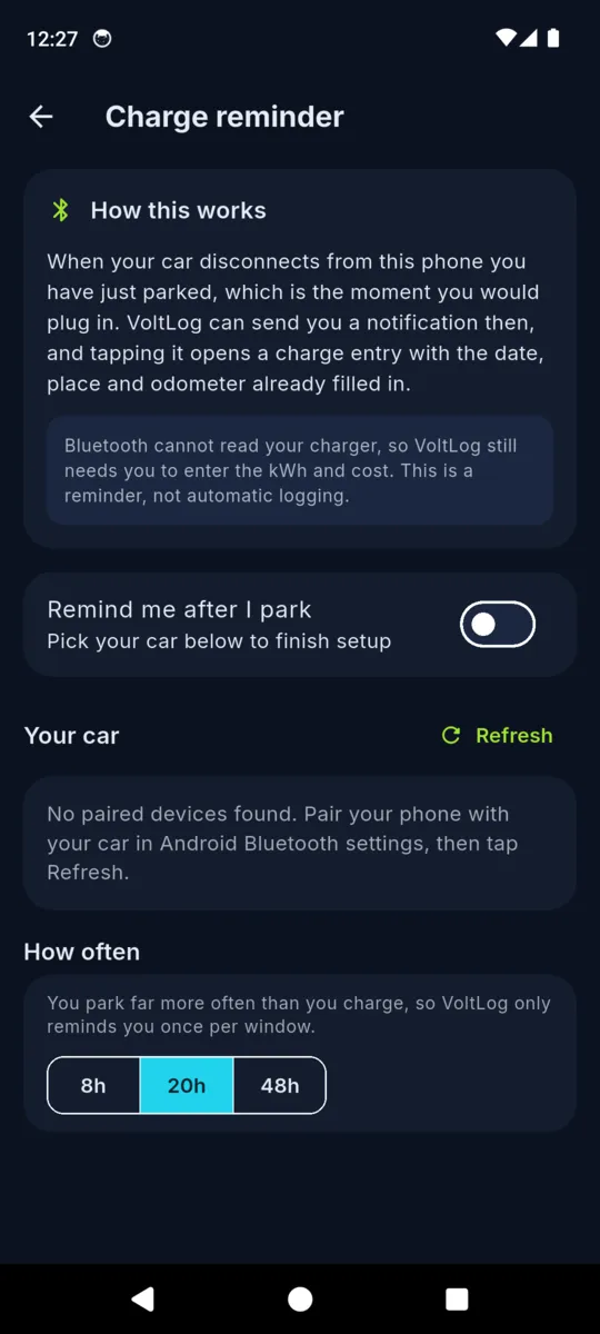 The VoltLog charge reminder screen explaining that Bluetooth cannot read your charger and that this is a reminder, not automatic logging