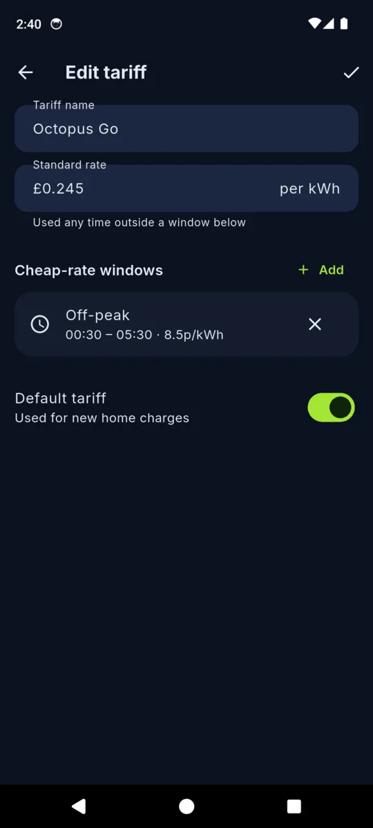 The VoltLog edit tariff screen with a standard rate per kWh and a cheap-rate window running from half past midnight to half past five