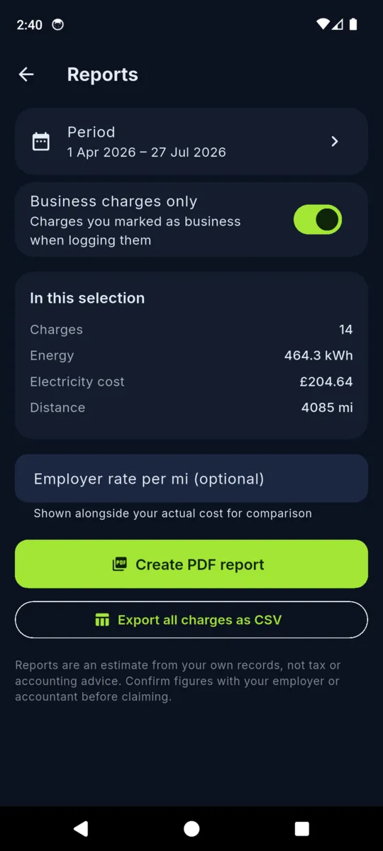 The VoltLog reports screen with a date period, a business charges only toggle, totals for charges, energy, cost and distance, and buttons to create a PDF report or export CSV