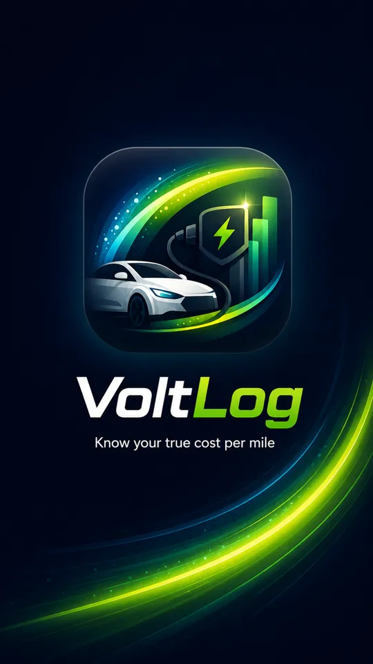 The VoltLog launch screen: the app mark above the wordmark and the line Know your true cost per mile