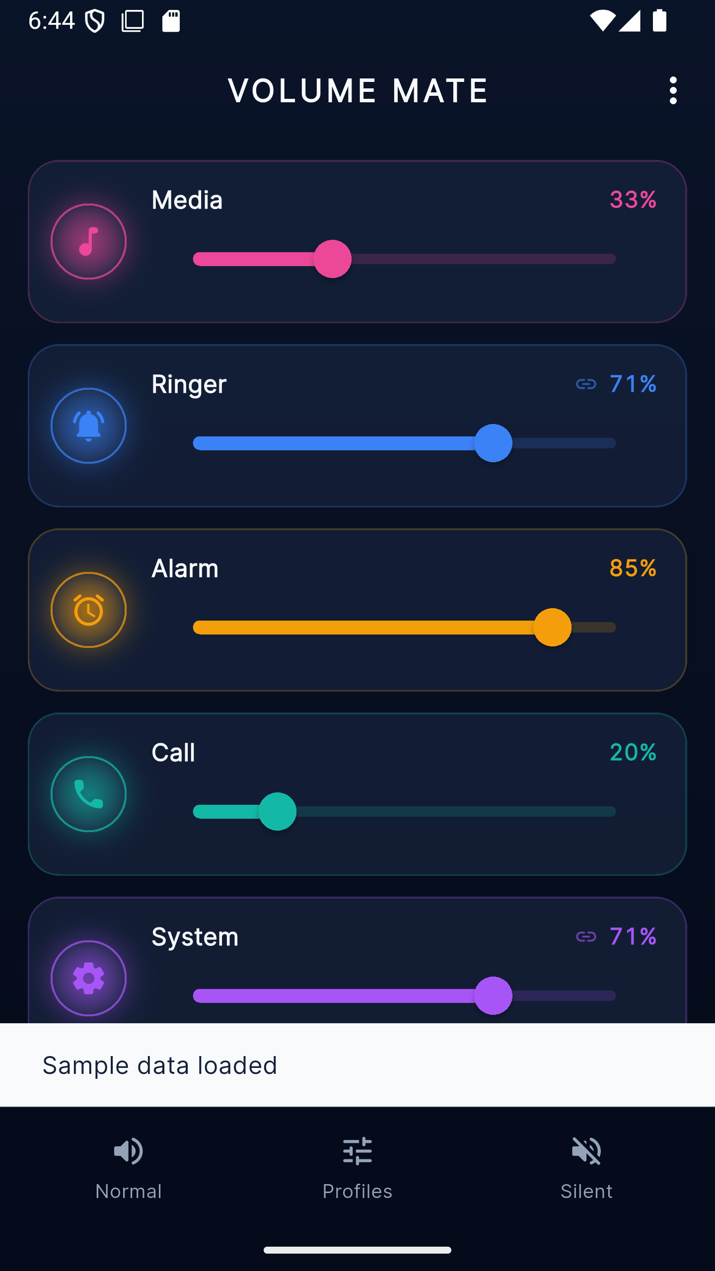 VolumeMate home screen with seven volume sliders