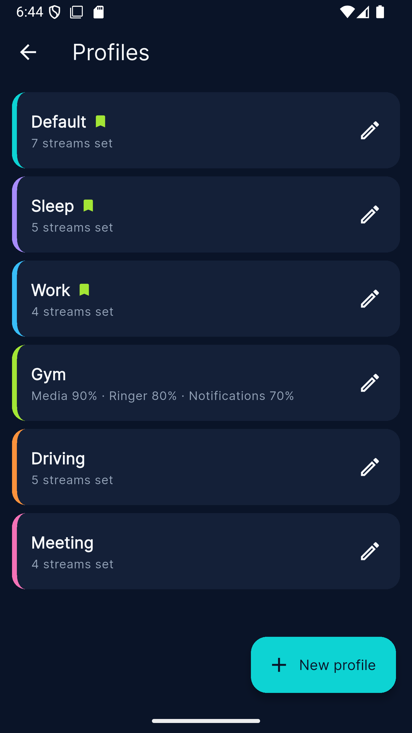 VolumeMate profile list with color-tagged presets