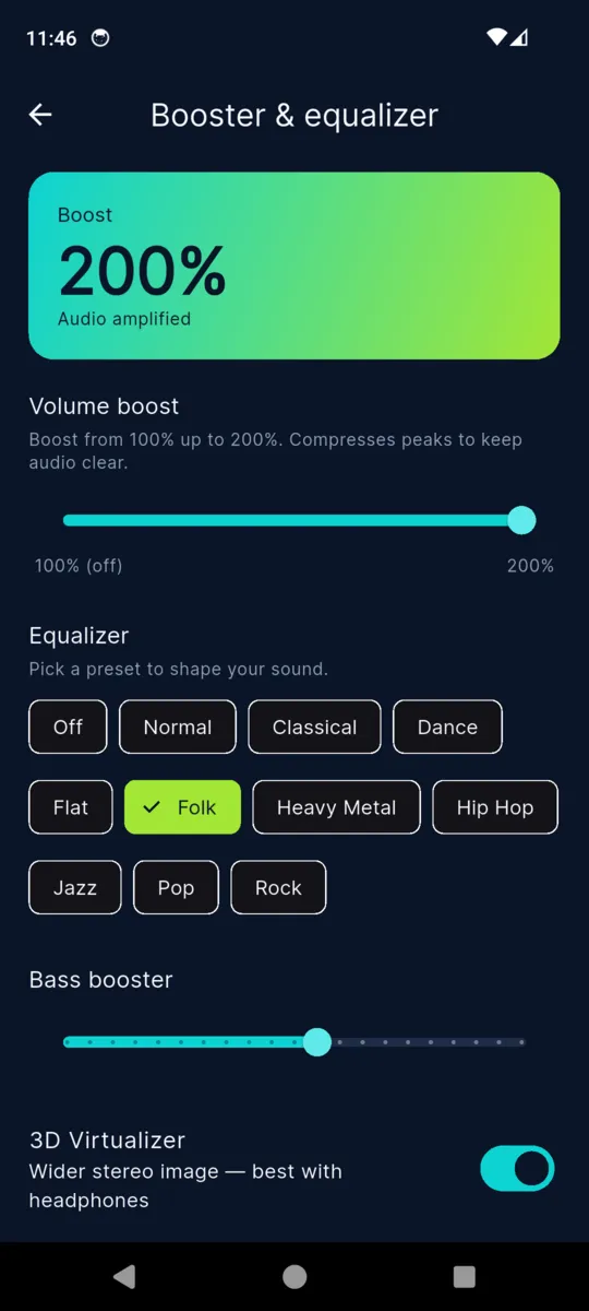 The VolumeMate booster screen showing a 200% boost, a row of equalizer presets with Folk selected, a bass booster slider and a 3D virtualizer toggle
