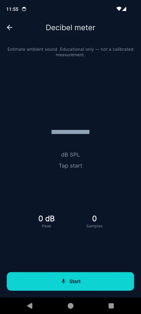 The decibel meter in VolumeMate showing a dB SPL readout at zero with a note that it is educational only and not a calibrated measurement