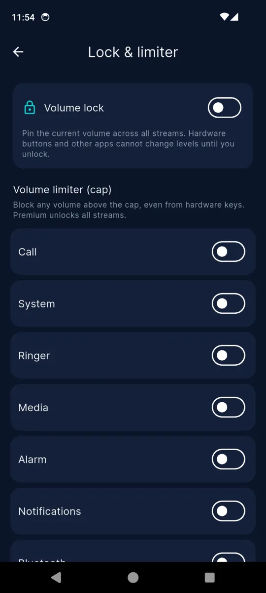 The Lock and limiter screen in VolumeMate, with a volume lock toggle and a per-stream limiter list covering Call, System, Ringer, Media, Alarm and Notifications