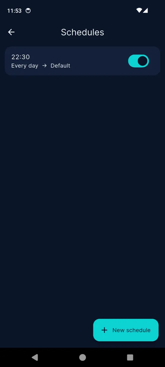 The VolumeMate schedules screen with one schedule that applies the Default profile at 22:30 every day