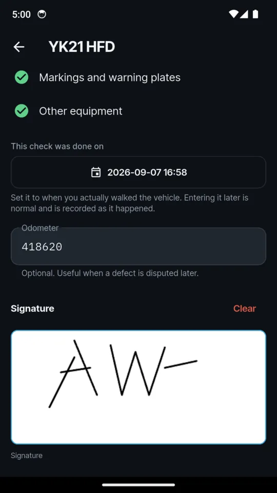 The foot of a check for YK21 HFD: This check was done on 7 September 2026 at 16:58 with a note that entering it later is normal and is recorded as it happened, an odometer of 418620, and a drawn signature