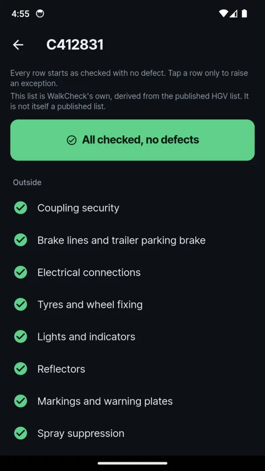 The walkaround check for C412831: a green All checked, no defects button at the top, then the Outside rows, coupling security, brake lines and trailer parking brake, electrical connections, tyres and wheel fixing, lights and indicators, reflectors, markings and warning plates and spray suppression, each already ticked