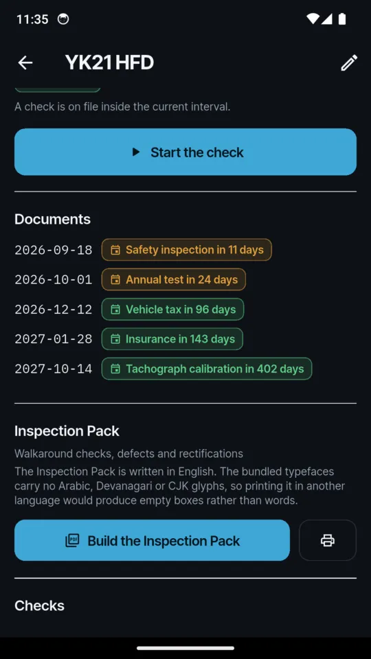 YK21 HFD with a Start the check button and its documents: safety inspection in 11 days, annual test in 24 days, vehicle tax in 96 days, insurance in 143 days, tachograph calibration in 402 days, and a Build the Inspection Pack button