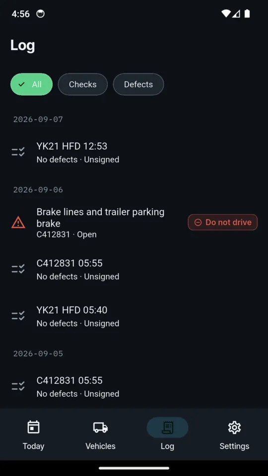 The Log filtered to All: YK21 HFD at 12:53 with no defects, unsigned, then the open brake lines defect on C412831 marked Do not drive, then earlier nil-defect checks on 6 and 5 September