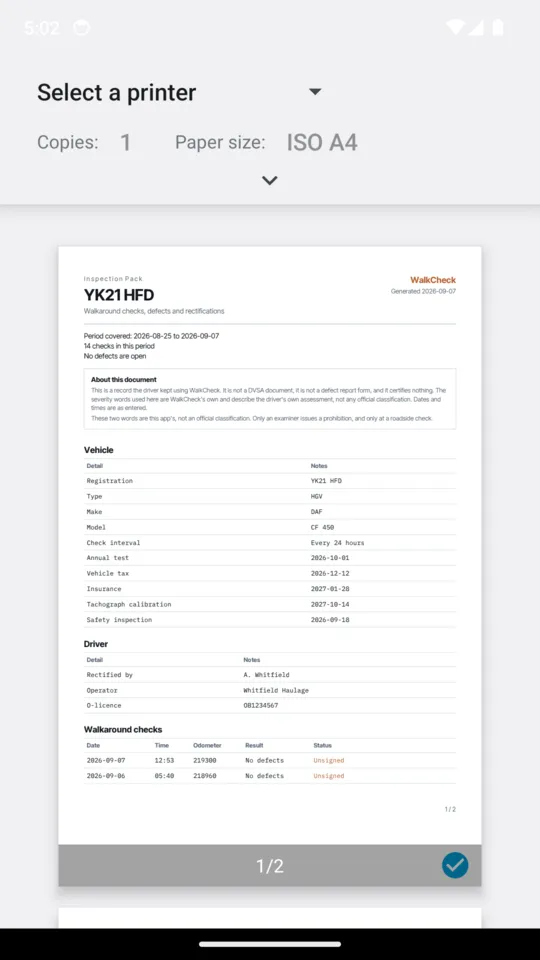 The print dialog for the YK21 HFD Inspection Pack, A4, page 1 of 2, showing the vehicle, driver and walkaround check sections