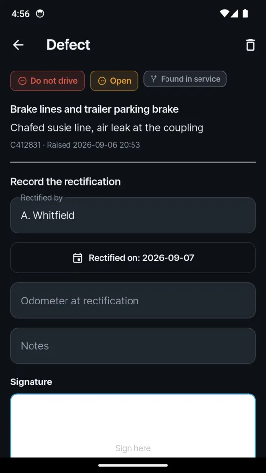 A defect, brake lines and trailer parking brake on C412831 marked Do not drive, Open and Found in service, with the rectification form: rectified by A. Whitfield, rectified on 7 September 2026, odometer, notes and a signature box