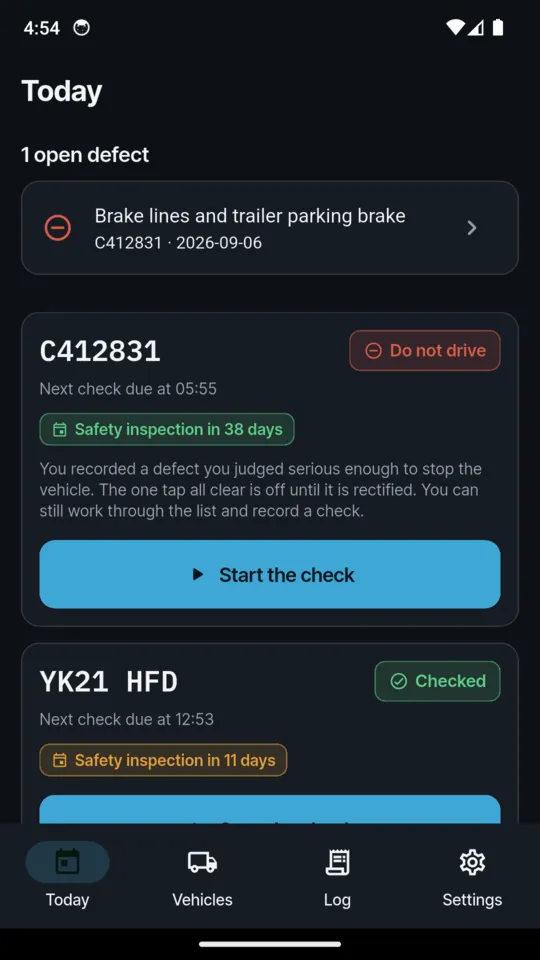 The WalkCheck Today screen: one open defect, brake lines and trailer parking brake on C412831, that vehicle marked Do not drive with a note that the one tap all clear is off until it is rectified, and YK21 HFD checked with its next check due at 12:53 and a safety inspection in 11 days