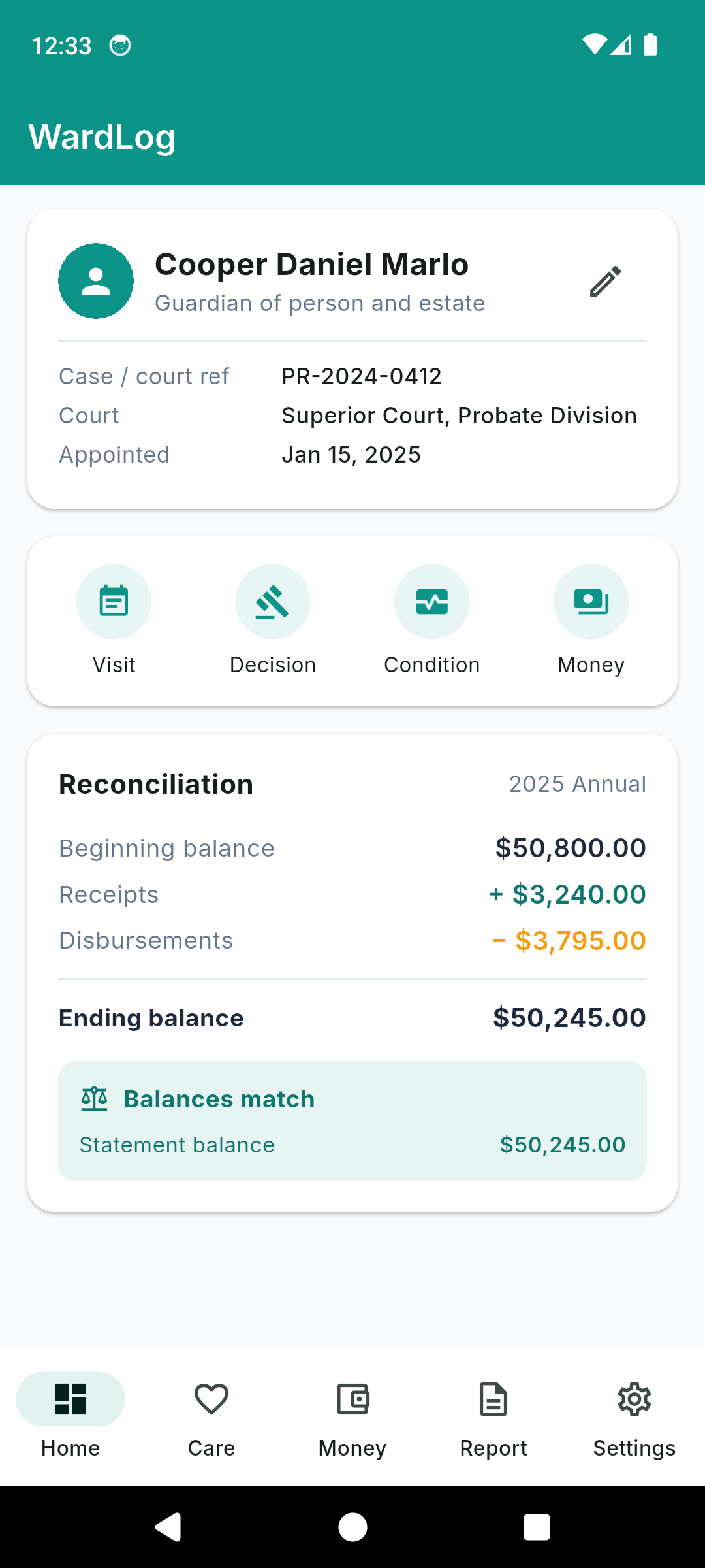 WardLog home dashboard with ward summary and period reconciliation