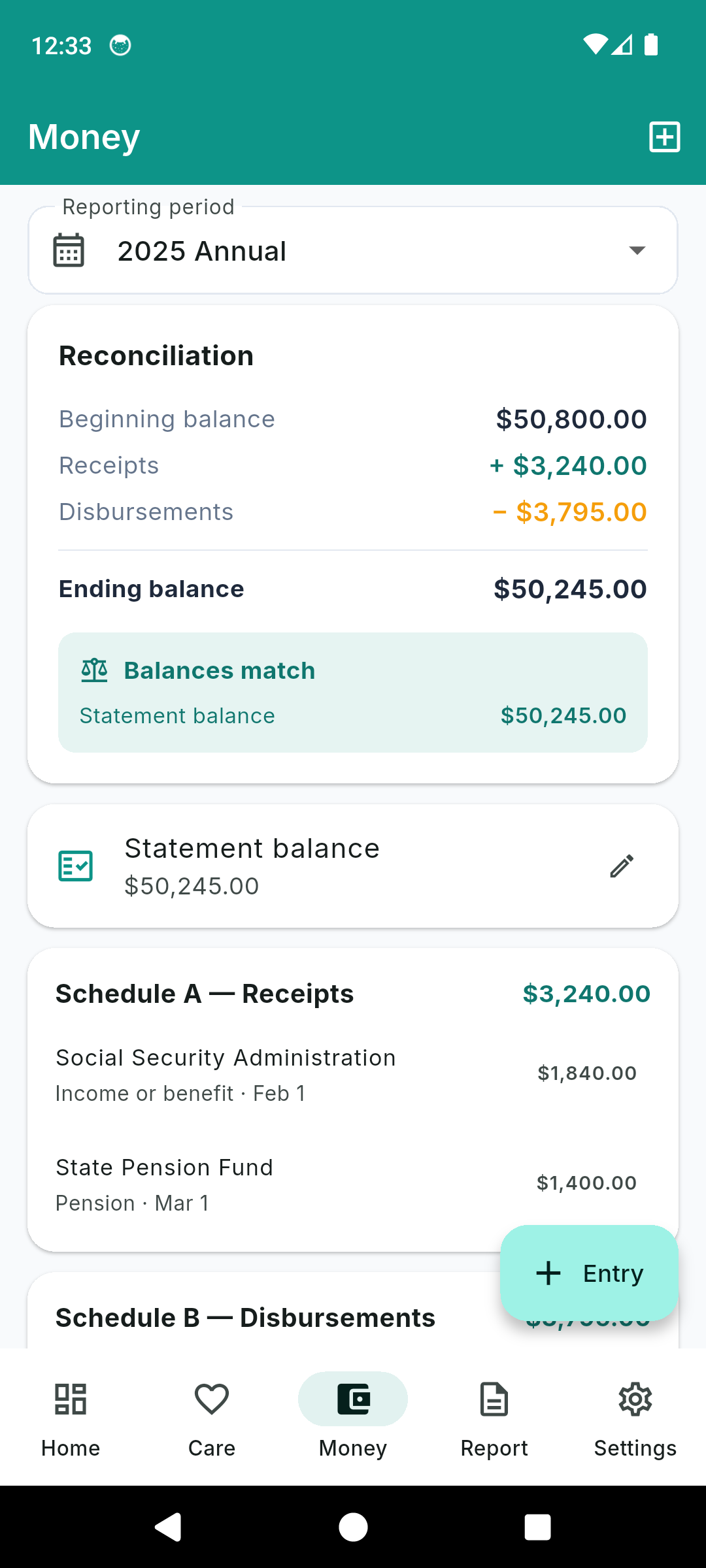 WardLog money reconciliation with Schedule A receipts and Schedule B disbursements
