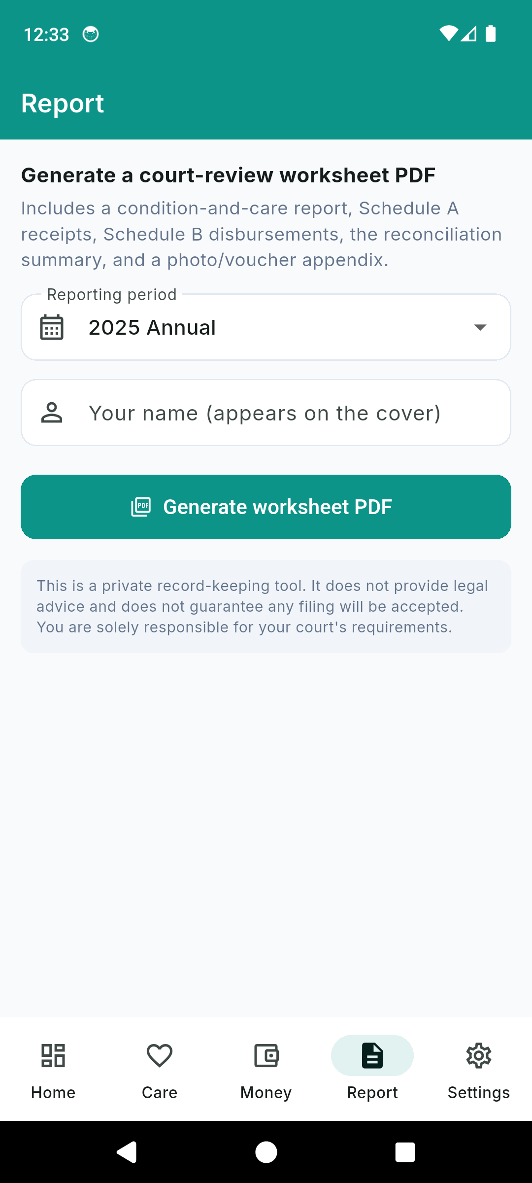 WardLog report screen generating a court-review worksheet PDF