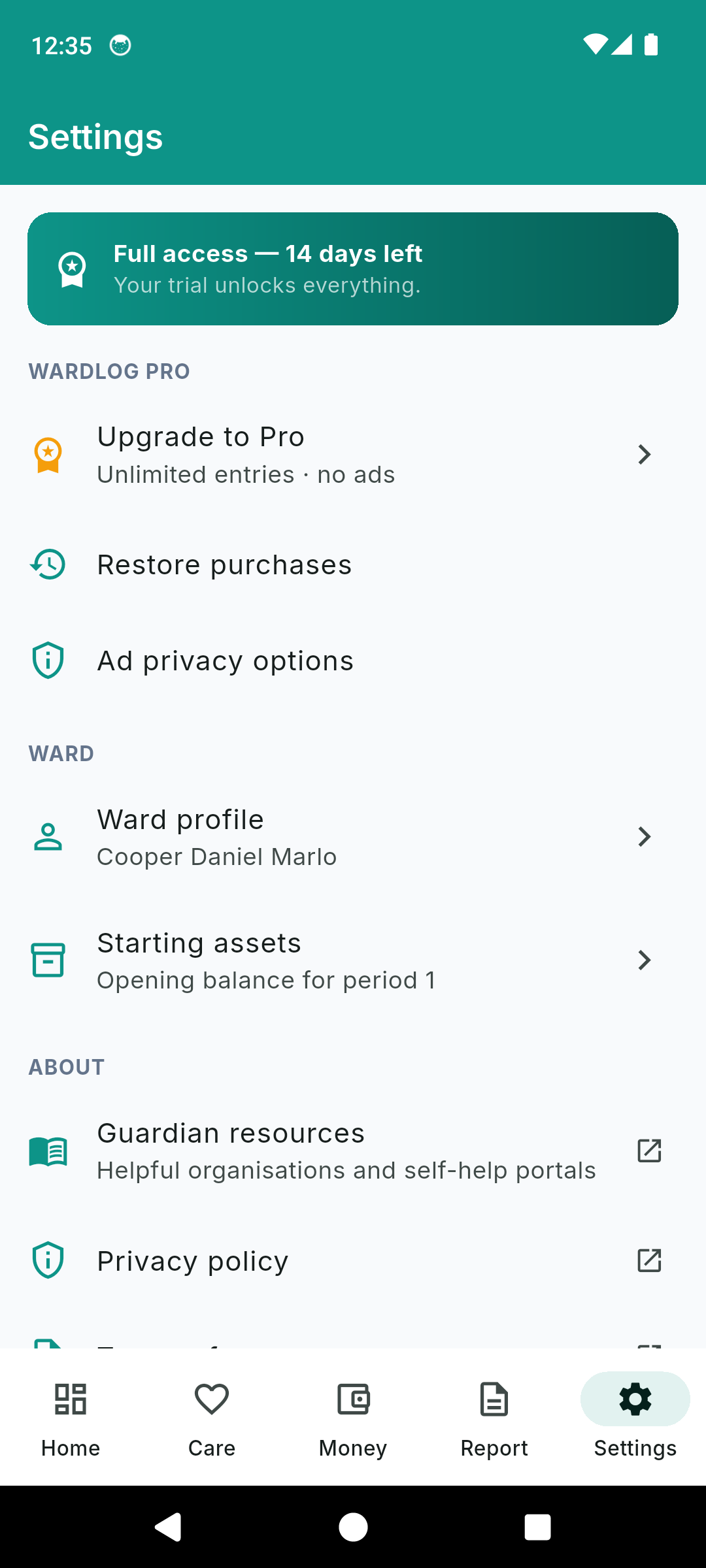 WardLog settings with trial status and starting assets