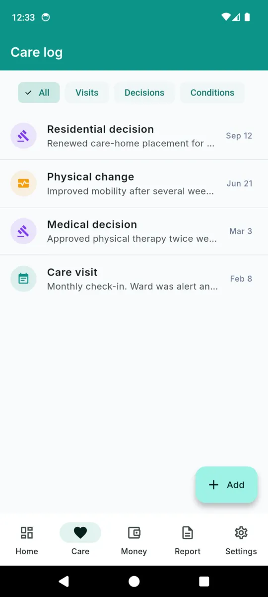 The WardLog care log: filter chips for all, visits, decisions and conditions, then dated entries for a residential decision, a physical change, a medical decision and a care visit