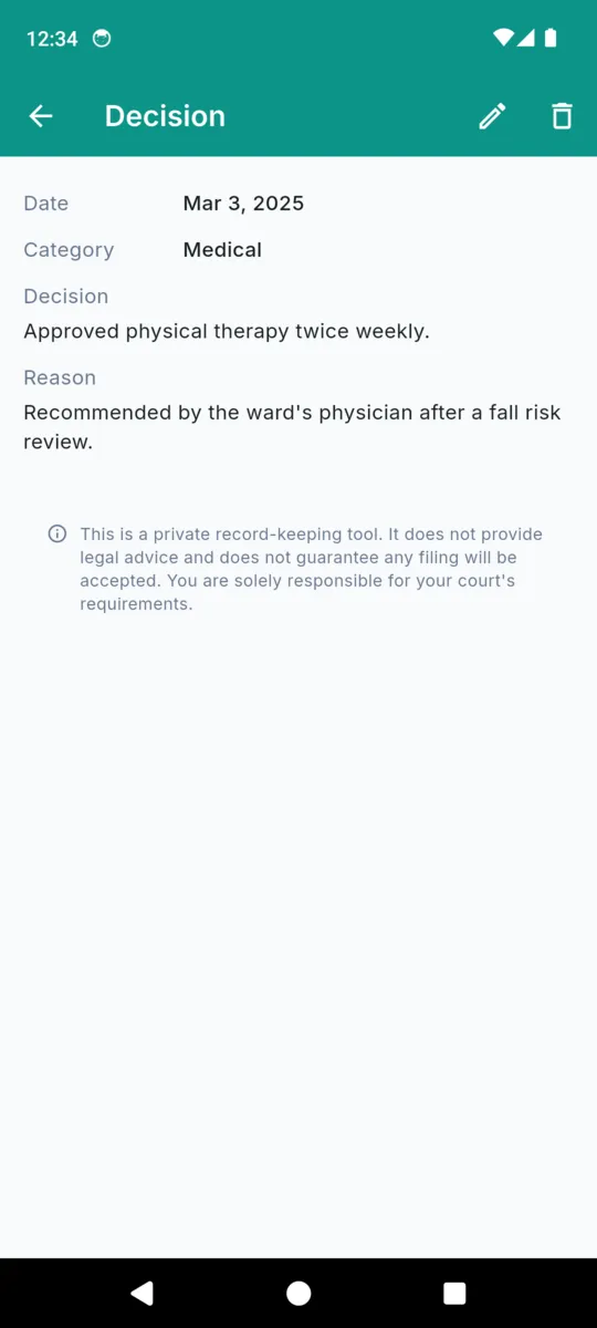 A WardLog decision entry: the date, the category, what was decided, the reason it was decided, and the app's disclaimer underneath