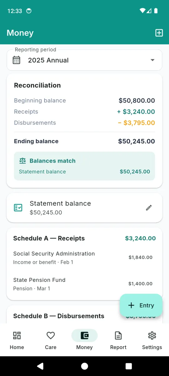 The WardLog money screen: a reporting period selector, the reconciliation card showing beginning balance, receipts, disbursements and ending balance with a balances-match note, then Schedule A receipts