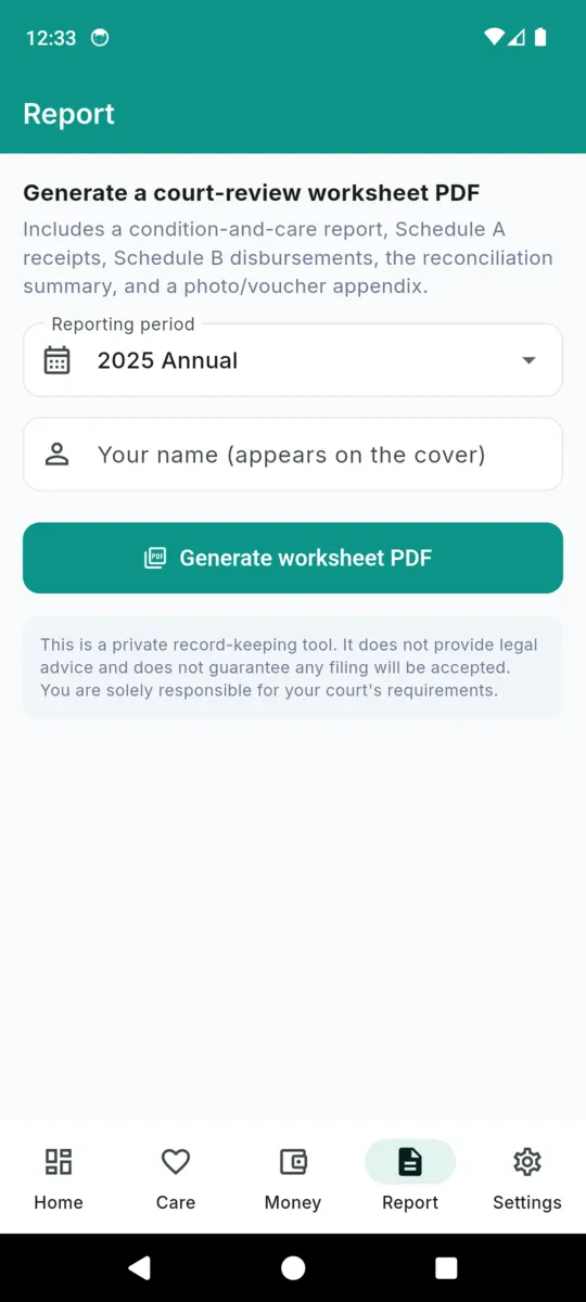 The WardLog report screen: a description of what the worksheet PDF includes, a reporting period selector, a name field for the cover, a generate button, and the app's disclaimer