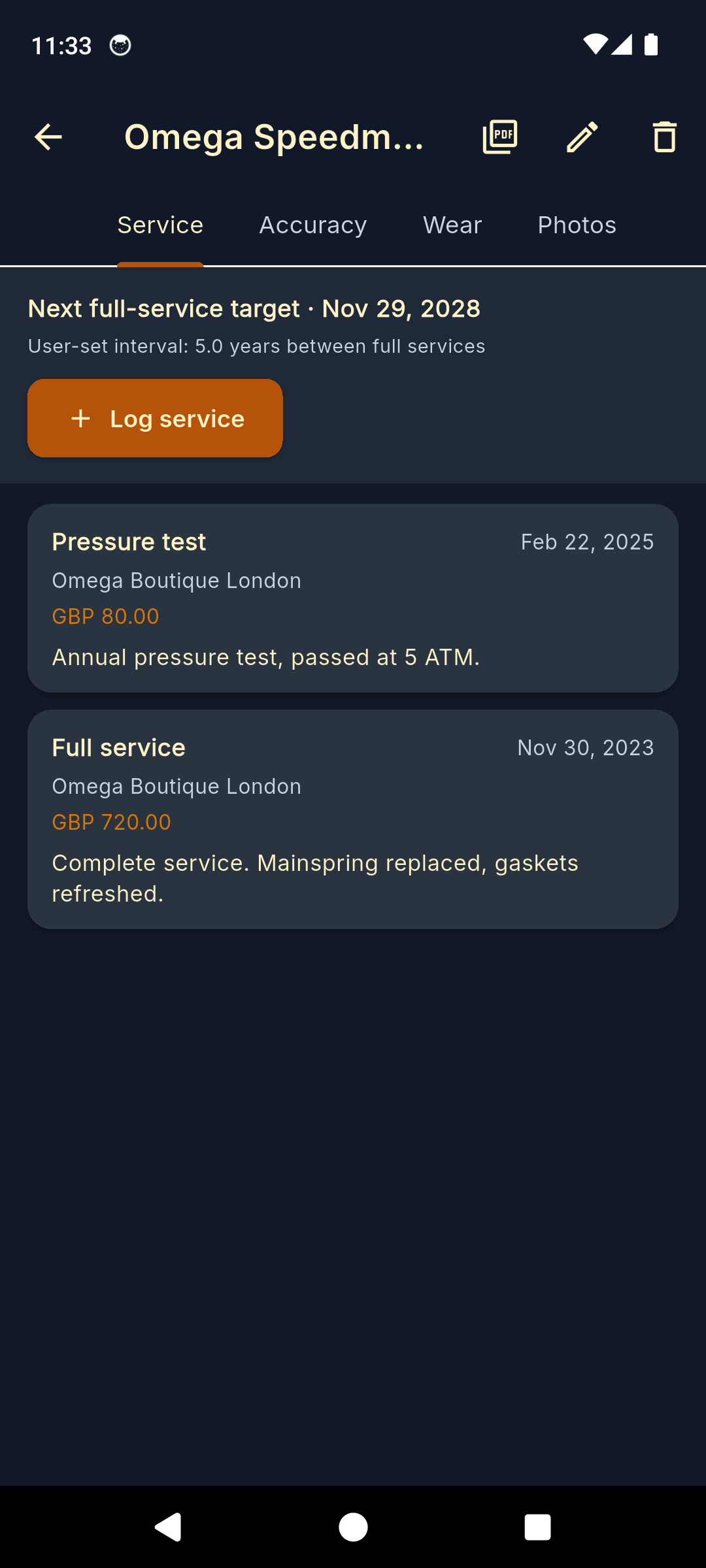 WatchLog watch detail with service log