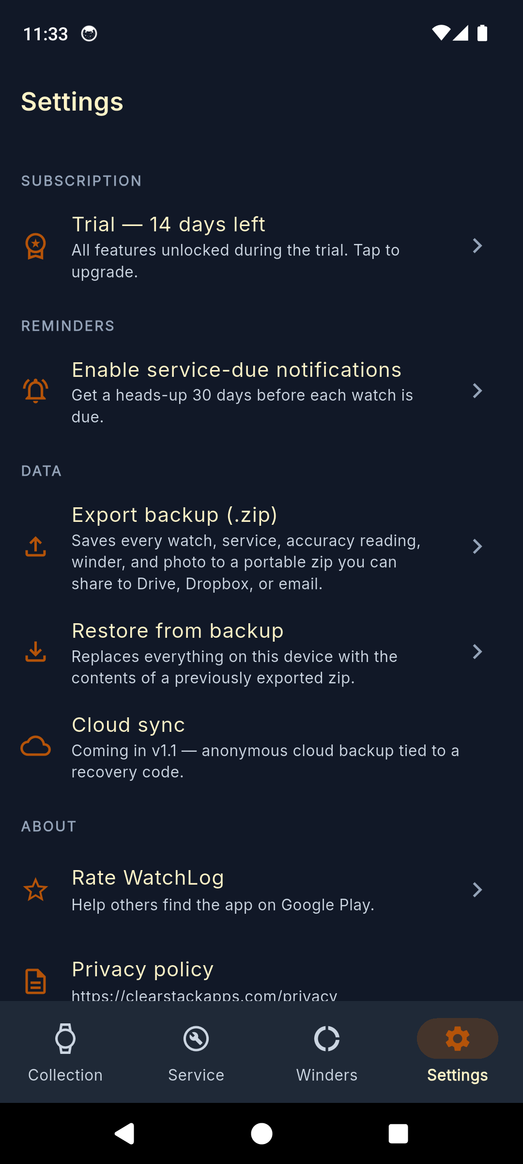 WatchLog settings and backup