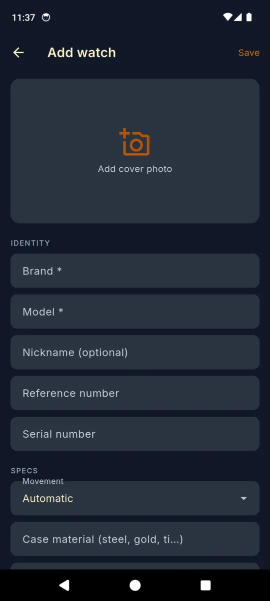 The add watch form with a cover photo slot and fields for brand, model, nickname, reference number, serial number, movement type and case material