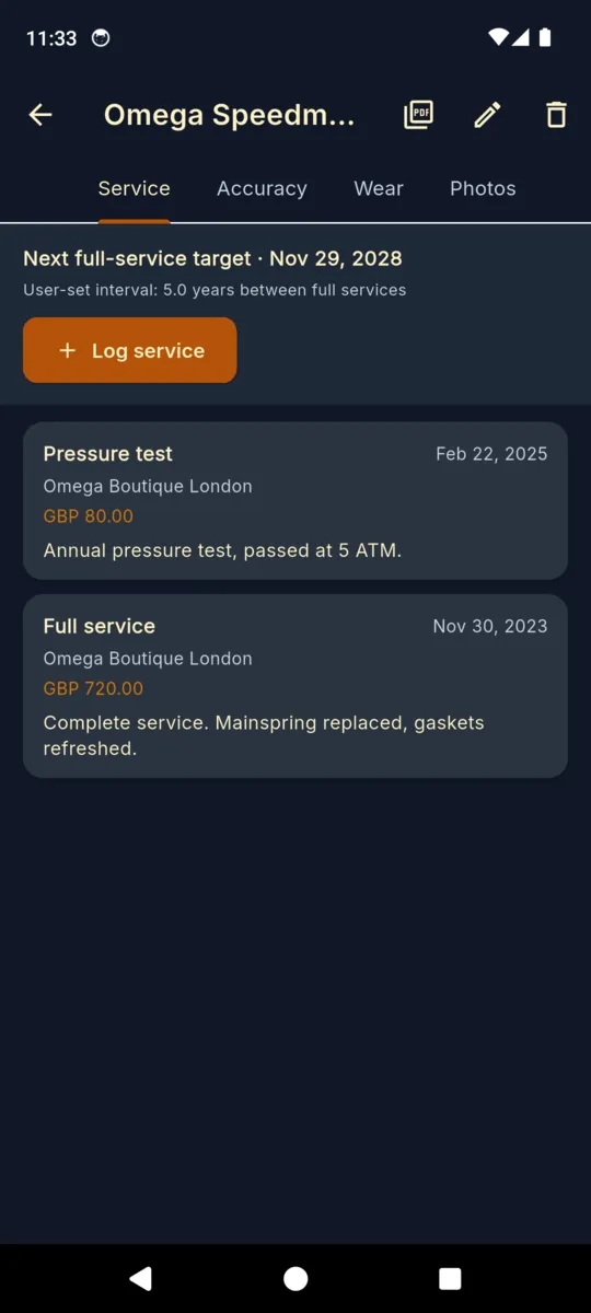 A watch detail screen showing the next full-service target of November 2028 from a five year user-set interval, with a pressure test and a full service logged underneath with their providers and costs