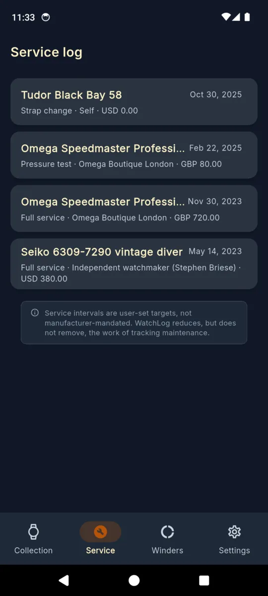 The service log pooled across the collection, listing a strap change, a pressure test and two full services with their dates, providers and costs in different currencies