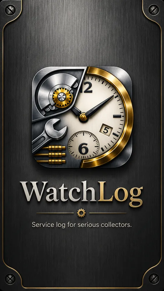 The WatchLog launch screen: a brushed steel panel with the watch and wrench icon, the wordmark, and the line Service log for serious collectors